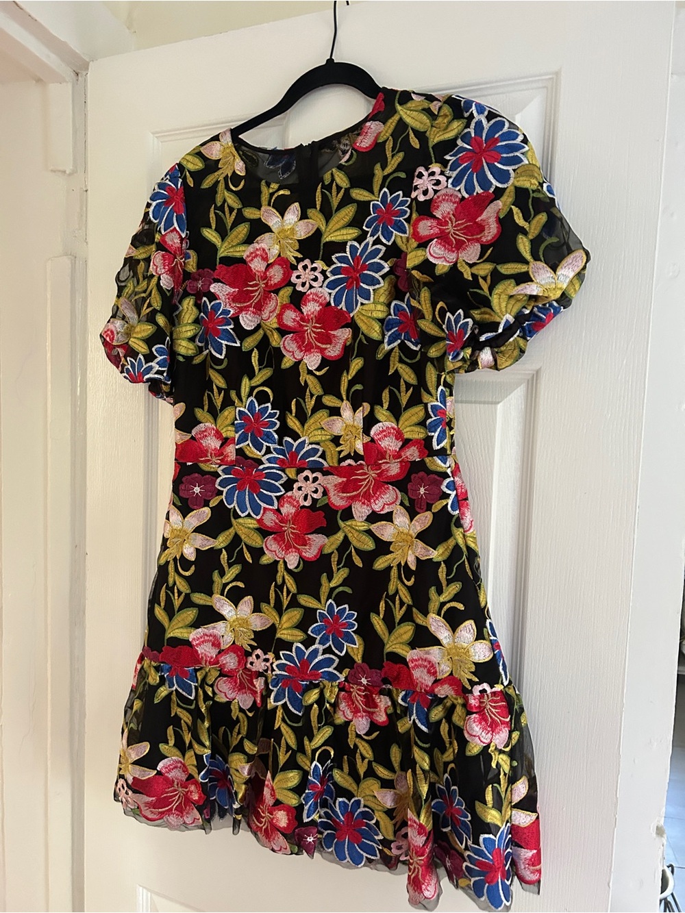 Milly Black Mini Dress with Red, Blue & Green Floral Embroidery